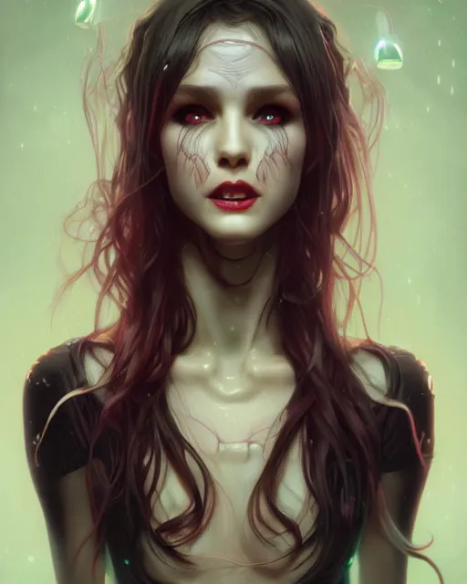 Prompt: portrait of a cute female vampire, bioluminescent, veins, horror, happy, highly detailed, digital painting, cinematic, hyperrealism, dark retrowave, art by stanley lau and artgerm and magali villeneuve and alphonse mucha, artstation, octane render, cgsociety