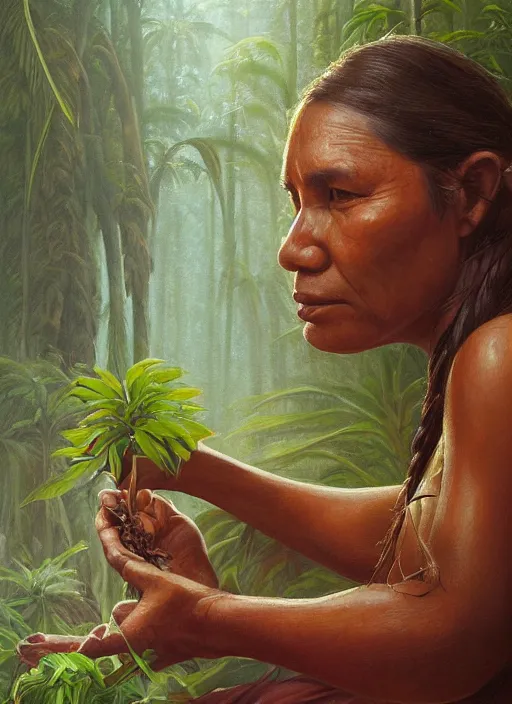 Prompt: a beautiful close up portrait of an indigenous woman preparing plant medicines in the jungle, highly detailed, art by christophe vacher