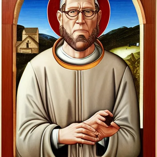 Prompt: hank hill as the saint of propane, renaissance religious painting, painting by carlo crivelli, trending on artstation