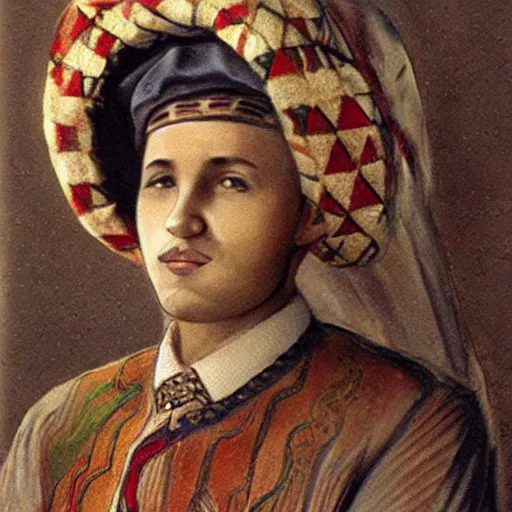 Image similar to buba corelli in traditional bosnian clothing including fez, photorealistic