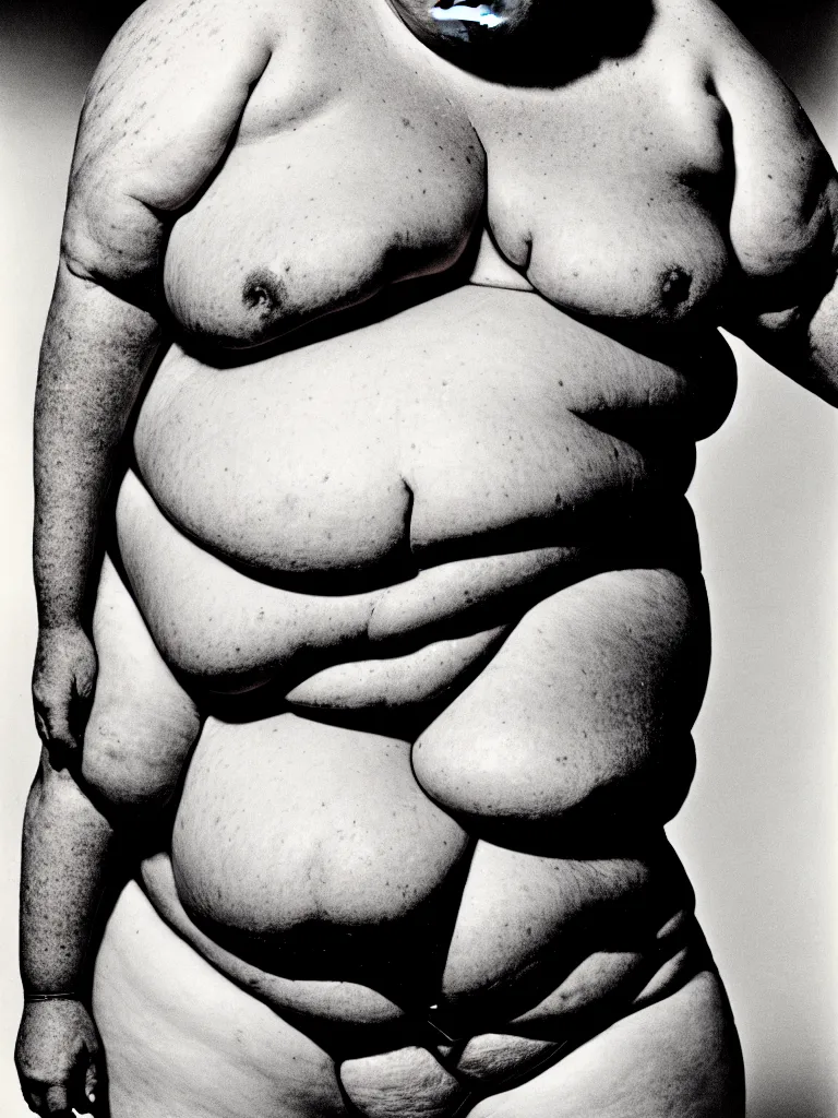 Prompt: a portrait photograph of an extremely obese donald trump wearing a skimpy bikini, his body is covered in boils, gargantuan warts and skintags. perfect focus and detail, in style of david bailey for playgirl.