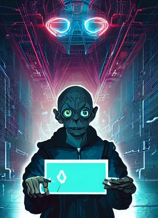 Image similar to portrait of gollum as hacker, netrunner cyberpunk, artstation, art by petros afshar, tom whalen, laurie greasley and greg rutkowski and ilya kuvshinov