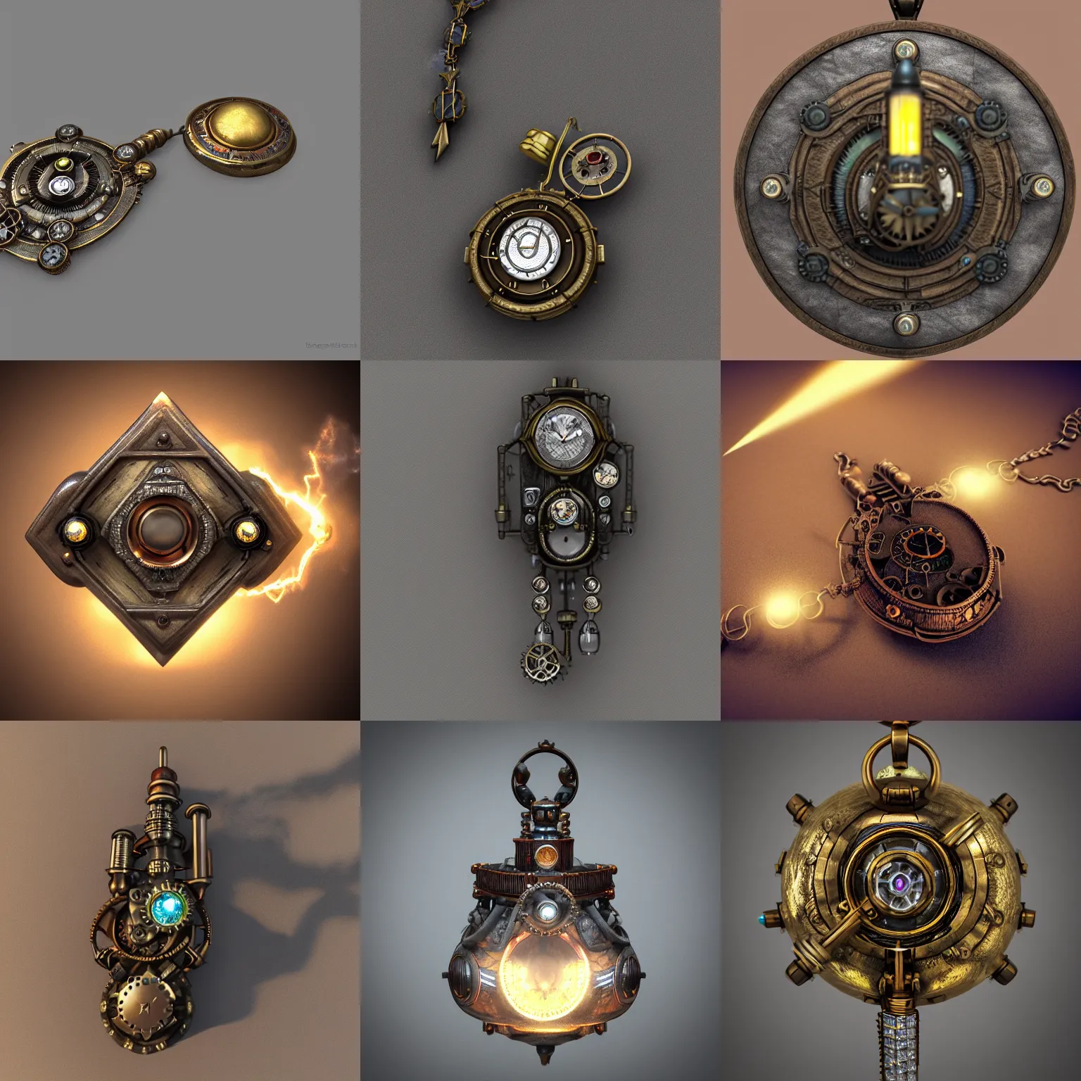 Image similar to steampunk amulet with diamond jewel and small steam tubes, volumetric lightning, octane render, realistic fog, extremely high detailed