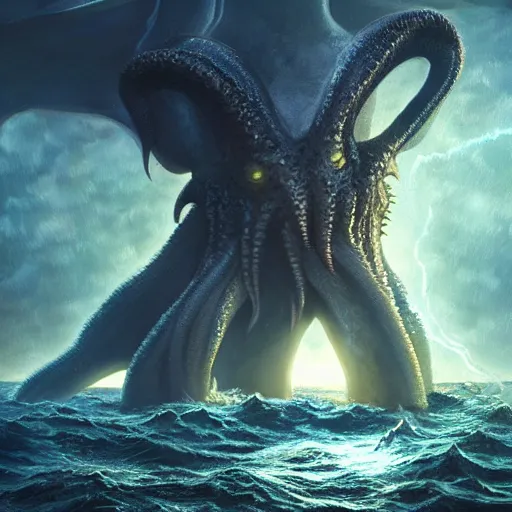 Prompt: the monster Cthulhu in the middle of the ocean with a storm and lightning, ultra realistic artstation, ultra detailed, concept art