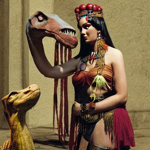 Prompt: cleopatra living with the dinosaurs