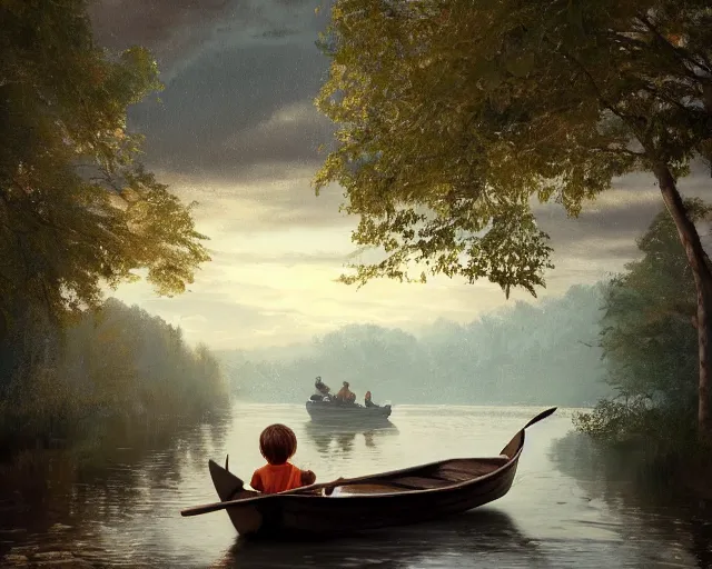 Image similar to a boy and a girl with long flowing auburn hair sitting together on the rowboat. Boy has black short hair, boy has black short hair. Atmospheric lighting, long shot, romantic, boy and girl are the focus, trees, river. Oil Painting, Trending on Artstation, octane render, Insanely Detailed, 8k, HD