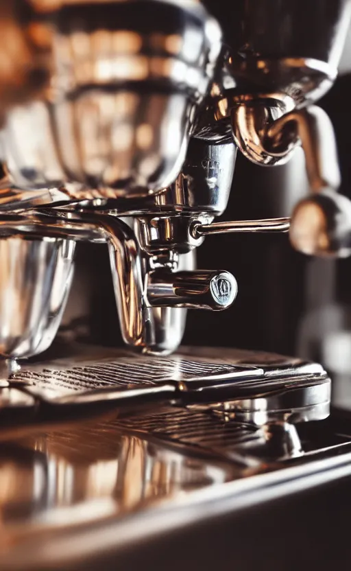 Prompt: close up realistic detailed photo of an espresso machine in a cozy coffee shop, hdr, chrome, reflections, volumetric lighting, copper, black, diffuse light