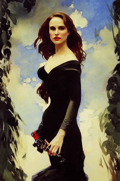 Prompt: elegant romantic portrait photo of natalie portman as black widow by greg manchess, mucha, william adolphe bouguereau, john singer sargent, sorolla, winslow homer, dean cornwell, james gurney, kilin eng, ilya repin, masterpiece