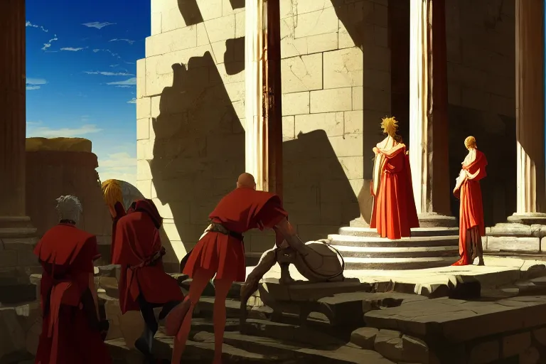 Prompt: anime key visual of the roman empire world conquest, great greek pantheon, divine right, style of jamie wyeth james gilleard edward hopper greg rutkowski acrylic painting, preserved museum piece, historical