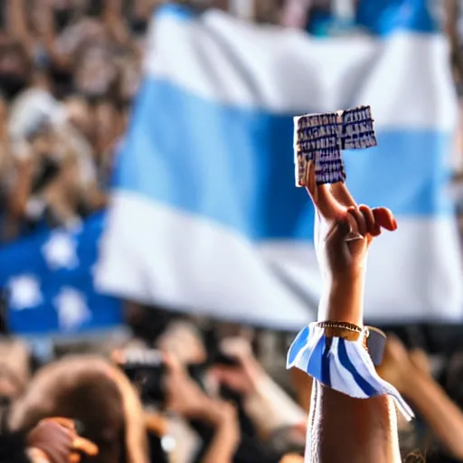 Image similar to Lady Gaga as president, Argentina presidential rally, Argentine flags behind, bokeh, giving a speech, detailed face, Argentina