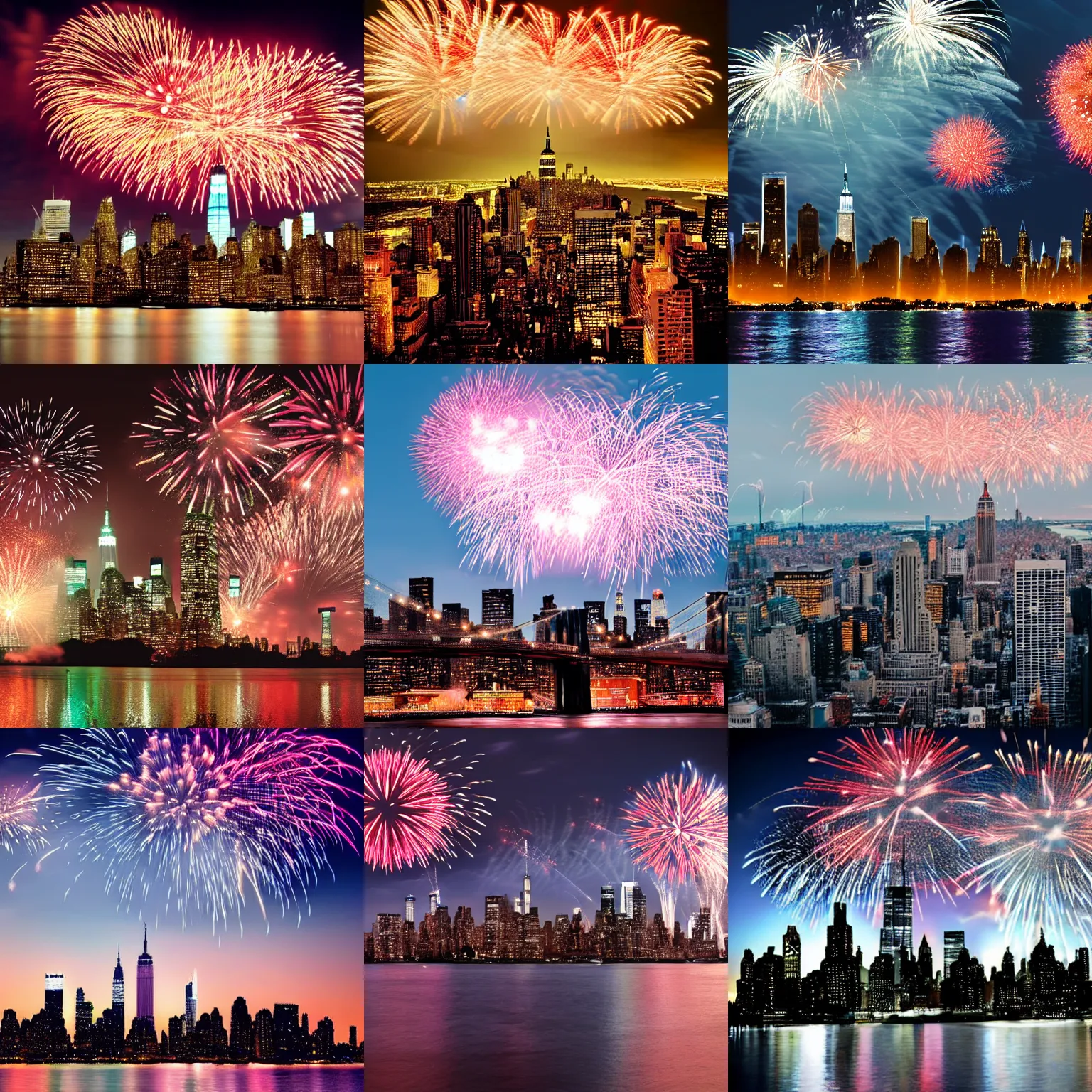Prompt: New York Skyline with Hello World written with fireworks on the sky
