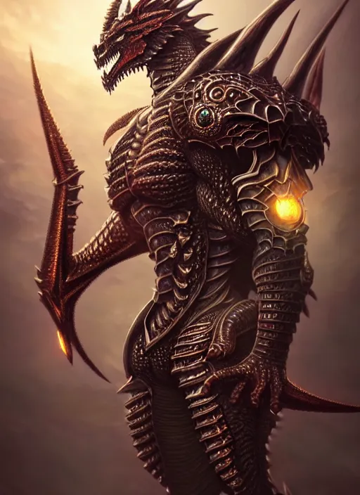 Image similar to muscular and tall humanoid dragon!!!! draconian!! intricate ornate iridescent heavy armor!! character concept art, sharp focus, octane render! unreal engine 5! highly rendered!! trending on artstation!! detailed linework!! illustration by artgerm, wlop, and chie yoshii