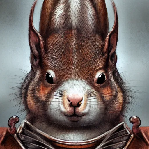 Prompt: centred detailed baroque portrait of a grotesque squirrel in a Japanese helmet and with katana, realistic creature concept, identical eyes, gazing eyes, beautiful eyes medium shot, elegant pose, fantasy, illustration, slender symmetrical face and body, artstation, cinematic lighting, hyperdetailed, cgsociety, 8k Resolution, high resolution, Charlie Bowater, Tom Bagshaw, Tom Richmond, single face, insanely detailed and intricate, beautiful, elegant, golden ratio, bloom and flowers in background, vfx, psychadelic