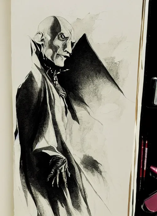 Prompt: portrait of nosferatu, pen and ink, intricate line drawings, by craig mullins, ruan jia, kentaro miura, greg rutkowski