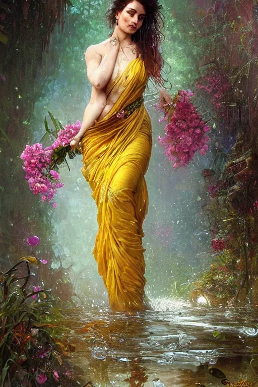 Image similar to portrait of a beautiful woman wearing a sari dress, holding a bouquet of flowing flowers, drenched body, wet dripping hair, emerging from the water, fantasy, regal, fractal crystal, fractal gems, by stanley artgerm lau, greg rutkowski, thomas kindkade, alphonse mucha, loish, norman rockwell