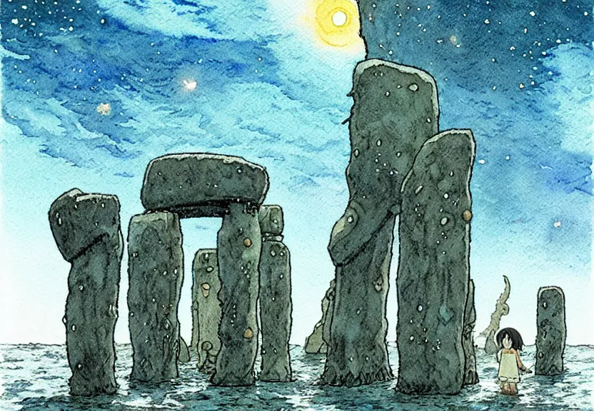 Prompt: a simple watercolor studio ghibli movie still fantasy concept art of stonehenge at the bottom of the ocean. a giant squid from princess mononoke ( 1 9 9 7 ) is holding large stones. it is a misty starry night. by rebecca guay, michael kaluta, charles vess