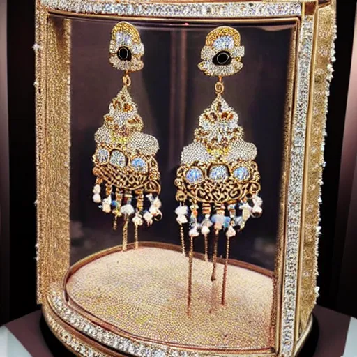 Prompt: exquisitely beautiful good jewelry with giant jewels in thick museum glass case.