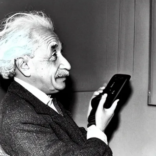 Prompt: Albert Einstein showing his Samsung phone to camera