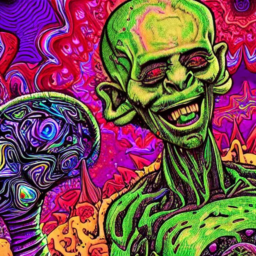 Image similar to Joe Rogan and Aliens tripping on psychedelic mushrooms, hyperdetailed, realistic, nature