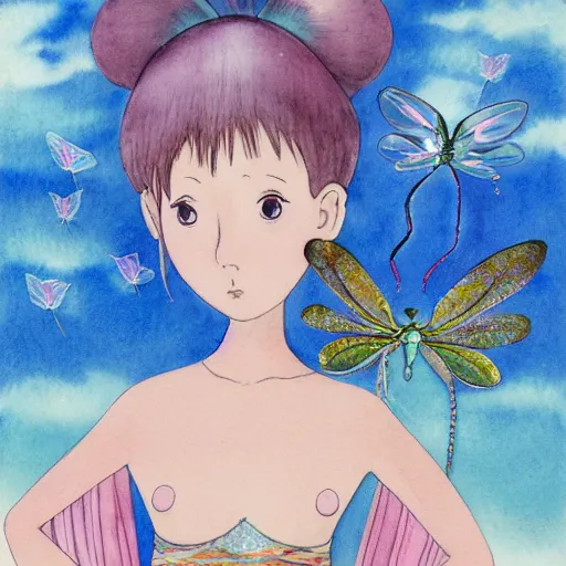 Image similar to award winning watercolor of a 3 0 year old auburn - headed fairy in short pigtails wearing a sparkly baby pink swimsuit with blue translucent dragonfly wings, against a cloudy blue sky backdrop, by hayao miyazaki