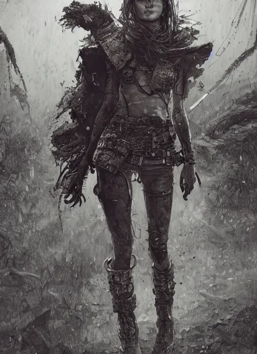 Image similar to Wasteland survivor girl dancing in the acid rain, dramatic lighting, cinematic, establishing shot, extremely high detail, foto realistic, cinematic lighting, pen and ink, intricate line drawings, by Yoshitaka Amano, Ruan Jia, Kentaro Miura, Artgerm, post processed, concept art, artstation,