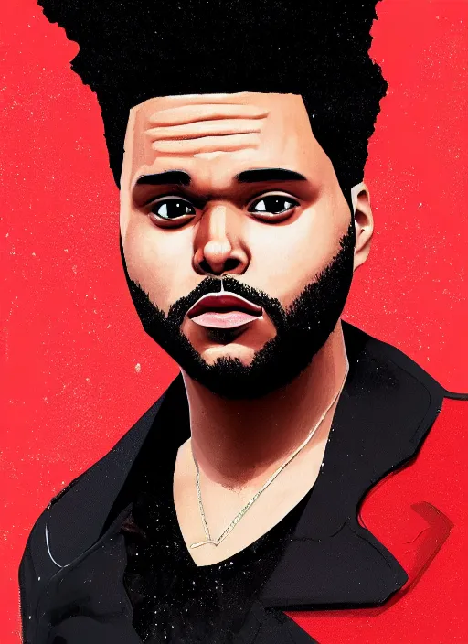 Prompt: a portrait of The Weeknd with a red suit, digital art, beautiful digital art, 4k, hd, artstation