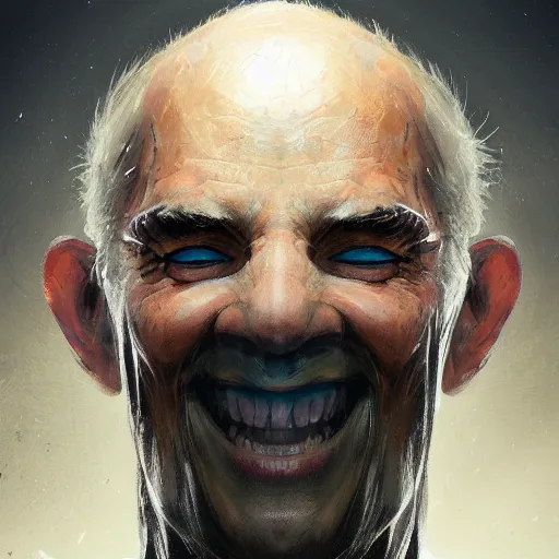 Image similar to Portrait of a man by Greg Rutkowski, symmetrical face, an old man using a VR Headset covering his eyes, Kubric Stare, crooked and uncanny smile smile, highly detailed portrait, scifi, digital painting, artstation, book cover, cyberpunk, concept art, smooth, sharp foccus ilustration, Artstation HQ