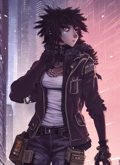 Image similar to character portrait of a female anthro hyena fursona with a cute beautiful attractive furry face and long black curly hair wearing a bulletproof vest in a cyberpunk city at night while it rains. hidari, color page, tankoban, 4K, tone mapping, Akihiko Yoshida.