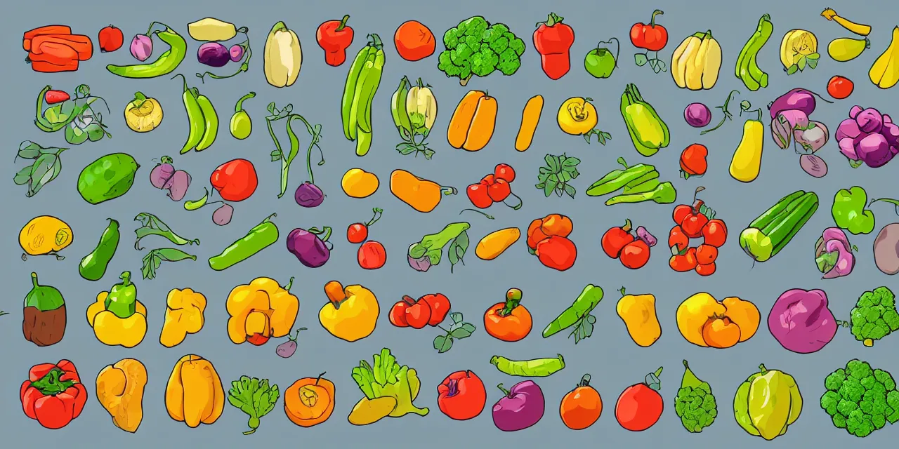 Prompt: game asset sheet, 2 d sprite, vegetables and fruits white background