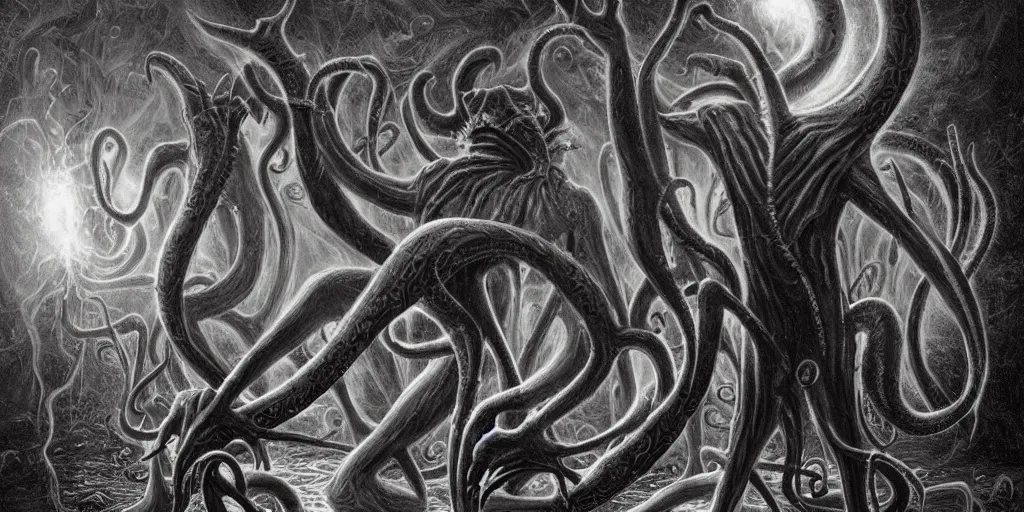 Image similar to elder god nyarlathotep lovecraftian h. p, terror, art by paulc carrick, dave carson, john coulthart, lee brown coye, h. r giger, stephen hickman, 8 k, hd, illumination, lighting, raytracting, dark, lovecraft, arkham, grotesque