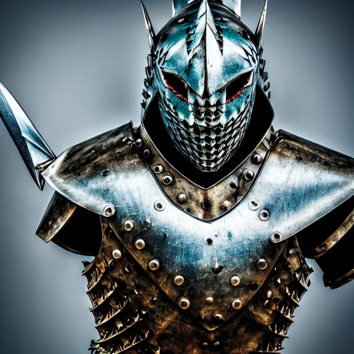 Image similar to photo of a warrior with metal shark themed armour, highly detailed, 4 k, hdr, smooth, sharp focus, high resolution, award - winning photo