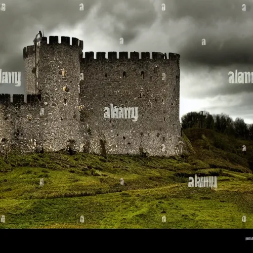 Image similar to try looming castle under a cloudy sky where nary a ray escapes the god's frown