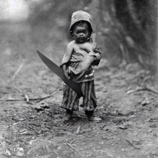 Image similar to a photograph of a baby with a machete taken in 1 8 9 0