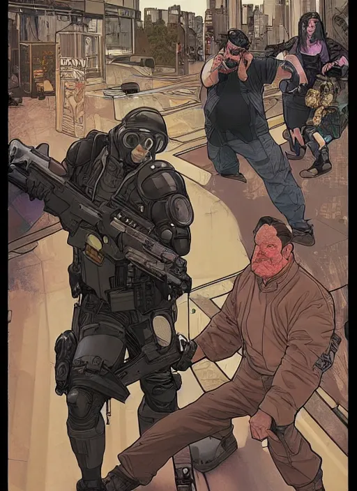 Prompt: cyberpunk paul blart fighting shoplifter. portrait by ashley wood and alphonse mucha and laurie greasley and josan gonzalez and james gurney. spliner cell, apex legends, rb 6 s, hl 2, d & d, cyberpunk 2 0 7 7. realistic face. vivid color. dystopian setting.