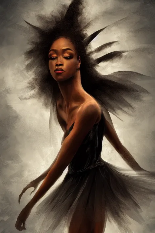 Image similar to black prima ballerina, gorgeous, ethereal, intricate, elegant, volumetric lighting, nature scenery, digital painting, highly detailed, artstation, sharp focus, illustration, concept art, clive barker