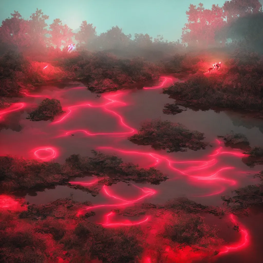 Prompt: rave in the red pond at night, light art, photo by reuben wu, jenni pasanen, epic composition, hd, octane, volumetric lighting, masterpiece,