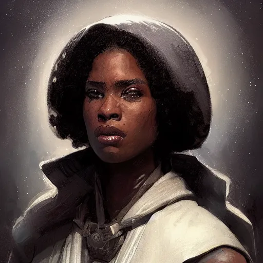 Image similar to portrait of a woman by greg rutkowski, youn jedi knight, black, afro hair, prettt, star wars expanded universe, she is about 2 0 years old, wearing jedi robes, highly detailed portrait, digital painting, artstation, concept art, smooth, sharp foccus ilustration, artstation hq