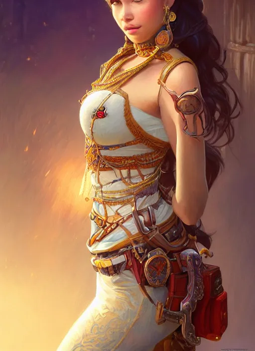 Image similar to portrait of russian mexican asian girl jodhpurs hyperborea lemuria, deep focus, d & d, fantasy, intricate, elegant, highly detailed, digital painting, artstation, concept art, matte, sharp focus, illustration, hearthstone, art by rhads by artgerm and greg rutkowski and alphonse mucha