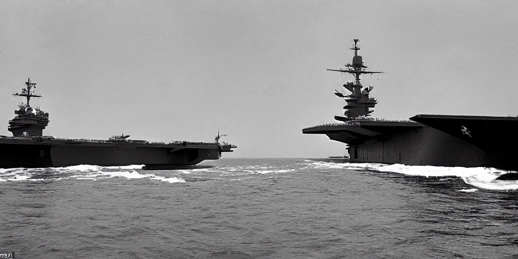 Image similar to a black monolith floats in the sky above an aircraft carrier 1 9 5 0, archive photo