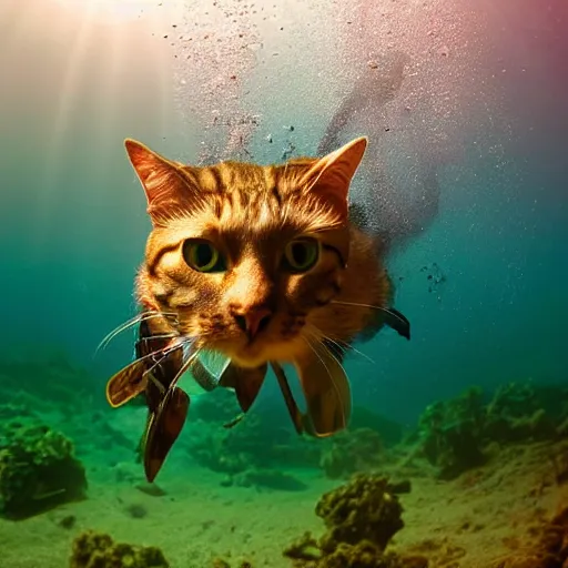 Prompt: high quality underwater photo of a cat scuba diver wearing norkel mask