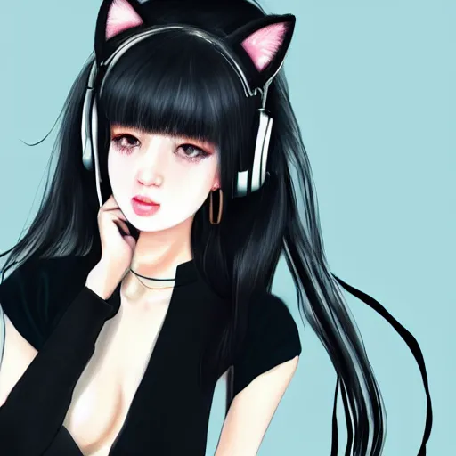 Image similar to realistic beautiful gorgeous buxom natural cute Blackpink Lalisa Manoban black hair cute fur black cat ears, wearing white camisole, headphones, black leather choker artwork drawn full HD 4K highest quality in artstyle by professional artists WLOP, Taejune Kim, Guweiz on Pixiv Artstation