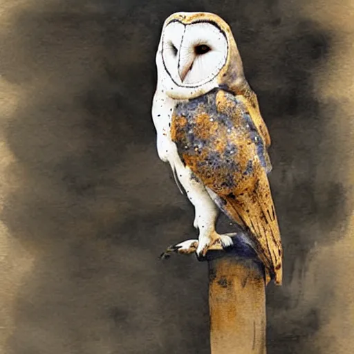 Image similar to a barn owl, digital art, watercolor, dripping paint, black and white, concept art, soft colors, style of anders zorn