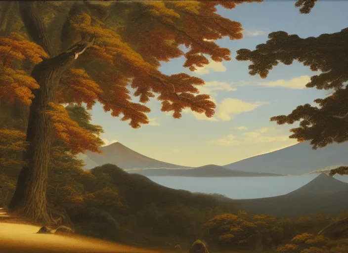 Prompt: fuji - hakone - izu national parks, japan in the style of hudson river school of art, oil on canvas