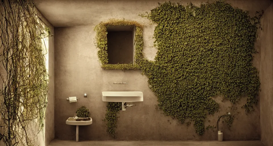 Prompt: IKEA catalogue photo, high end farm house style bathroom, sand piled in corners, dust, organic, vines, overgrown, tropical, by Beksiński