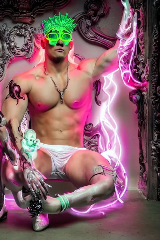 Image similar to full-body rococo and cyberpunk style neon statue of a muscular attractive Camilo wearing cholo shades macho dotado e rico android sim roupa reclining con las piernas abertas e la piroca dura, ethereal white dripping tar, glowing white lasers, pink tigers, glowing eyes, silver prince crown, black gears, pink diamonds, swirling mint-colored silk fabric. futuristic elements. full-length view. human skulls. large intricate artwork by caravaggio. Trending on artstation, octane render, cinematic lighting from the right, hyper realism, octane render, 8k, depth of field, 3D