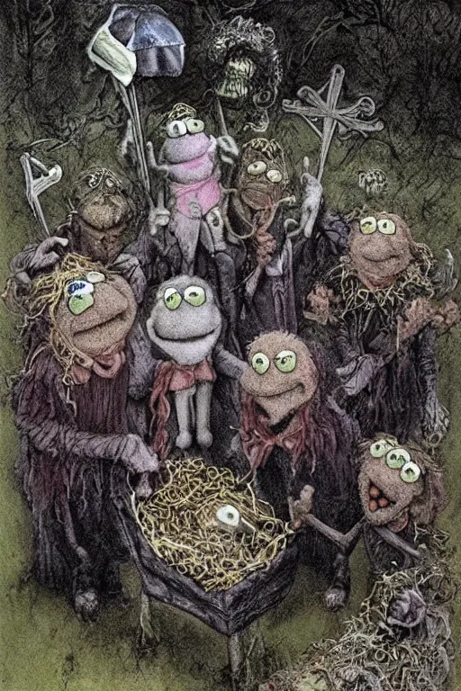 Image similar to sad muppet funeral, graveside, rain, outside, 1 9 8 0 s, creepy, scary, crying, grotty, ugly, terrified, brian froud