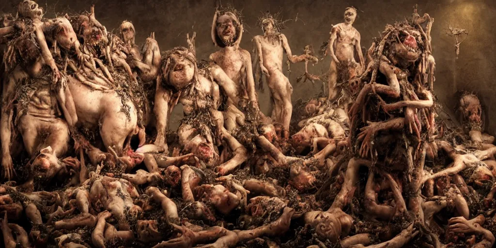 Image similar to a highly detailed realistic photographic render of swarm of corpses worshipping a severed head of a pig with crown of thorns , dead souls, religious sculpture, creepy, cinematic lighting, cinematic scene, Volumetric lighting, Atmospheric scene, Dark, Horror, Atmospheric lighting, Global illumination, realistic, photo realism, hyper realistic, hyper realism, photo realisitc, cinematic render, film, beautifully lit, ray traced, octane 3D render, octane render, unreal engine