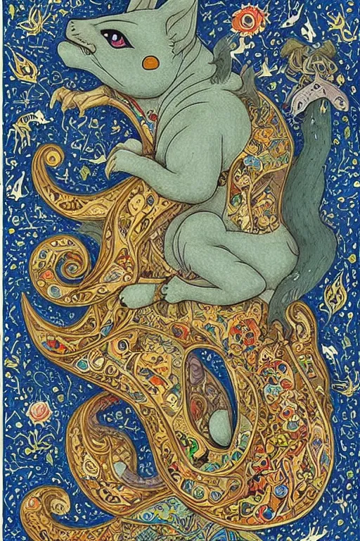 Prompt: intricate and detailed persian miniature of mythical creatures in the style of studio ghibli