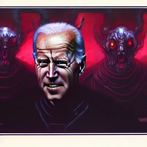 Image similar to epic Joe Biden in pandemonium, demons and souls, portrait, art by Wayne Barlowe, oil on canvas