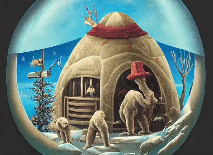 Image similar to an igloo with a chimney, walrus, polar bear, sleigh dogs, fish, giraffe, lowbrow in the style of mark ryden and ernst haeckel,